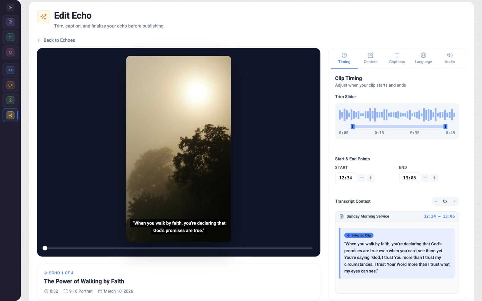 Media Booster Edit Echo workflow — trimming and captioning a sermon clip